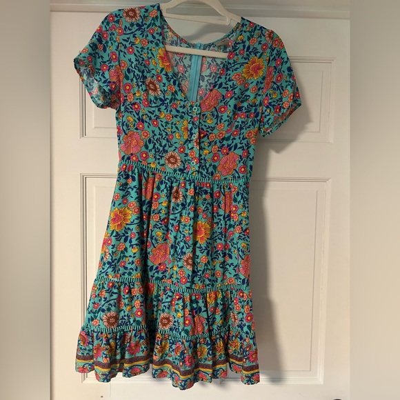 ePretty Vibrant Teal Dress with Pink and Orange Floral Accents - Picture 1 of 7